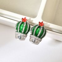 1 Pair Cute Cactus Enamel Plating Inlay Copper Zircon White Gold Plated Ear Studs main image 4