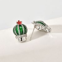 1 Pair Cute Cactus Enamel Plating Inlay Copper Zircon White Gold Plated Ear Studs main image 6