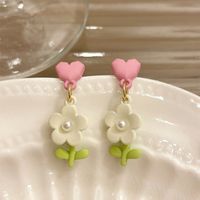 1 Pair Cute Sweet Flower Stoving Varnish Inlay Alloy Artificial Pearls Drop Earrings main image 3