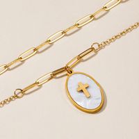 French Style Cross Rhombus Stainless Steel Patchwork Plating Inlay White Shell Double Layer Necklaces main image 4