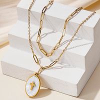 French Style Cross Rhombus Stainless Steel Patchwork Plating Inlay White Shell Double Layer Necklaces main image 3