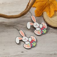 1 Pair Cute Rabbit Painted Wood Silver Plated Drop Earrings main image 5