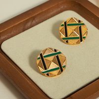 1 Pair Ig Style Casual Modern Style Round Lines Rhombus Enamel Plating Titanium Steel 18k Gold Plated Ear Studs main image 1
