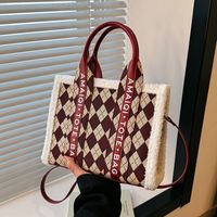 Women's Canvas Letter Argyle Vintage Style Square Zipper Handbag main image 7