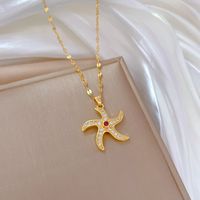 Wholesale Simple Style Starfish Titanium Steel Copper Plating Inlay Artificial Gemstones Pendant Necklace main image 3