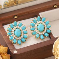 1 Pair French Style Oval Flower Plating Hollow Out Inlay Copper Turquoise  Zircon 18k Middle Ancient Gold Earrings Ear Studs main image 1