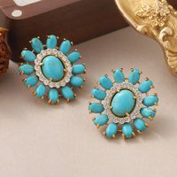 1 Pair French Style Oval Flower Plating Hollow Out Inlay Copper Turquoise  Zircon 18k Middle Ancient Gold Earrings Ear Studs main image 4