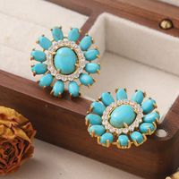1 Pair French Style Oval Flower Plating Hollow Out Inlay Copper Turquoise  Zircon 18k Middle Ancient Gold Earrings Ear Studs main image 5