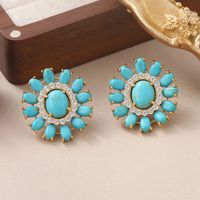 1 Pair French Style Oval Flower Plating Hollow Out Inlay Copper Turquoise  Zircon 18k Middle Ancient Gold Earrings Ear Studs main image 6