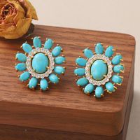1 Pair French Style Oval Flower Plating Hollow Out Inlay Copper Turquoise  Zircon 18k Middle Ancient Gold Earrings Ear Studs main image 3