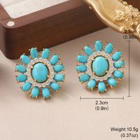 1 Pair French Style Oval Flower Plating Hollow Out Inlay Copper Turquoise  Zircon 18k Middle Ancient Gold Earrings Ear Studs sku image 1