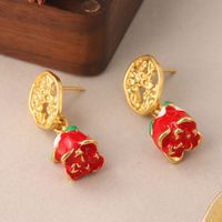 1 Pair Elegant Rose Plating Hollow Out Copper 18k Middle Ancient Gold Drop Earrings main image 3