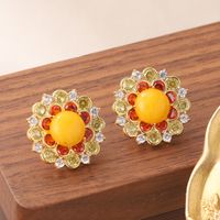 1 Pair Simple Style Sun Flower Inlay Copper Natural Stone Zircon Ear Studs main image 3