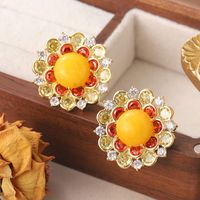 1 Pair Simple Style Sun Flower Inlay Copper Natural Stone Zircon Ear Studs main image 4