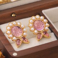 1 Pair Elegant Sweet Flower Plating Inlay Copper Artificial Pearls Glass Stone 18k Gold Plated Ear Studs main image 1