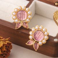 1 Pair Elegant Sweet Flower Plating Inlay Copper Artificial Pearls Glass Stone 18k Gold Plated Ear Studs main image 3