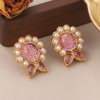 1 Pair Elegant Sweet Flower Plating Inlay Copper Artificial Pearls Glass Stone 18k Gold Plated Ear Studs main image 5