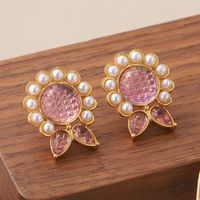 1 Pair Elegant Sweet Flower Plating Inlay Copper Artificial Pearls Glass Stone 18k Gold Plated Ear Studs main image 6
