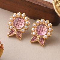 1 Pair Elegant Sweet Flower Plating Inlay Copper Artificial Pearls Glass Stone 18k Gold Plated Ear Studs main image 4