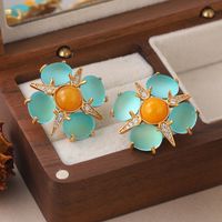 1 Pair Vintage Style Simple Style Star Flower Inlay Copper Natural Stone Glass Zircon Ear Studs main image 6