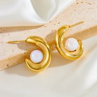 1 Pair Elegant Simple Style C Shape Plating Inlay Stainless Steel Artificial Pearls 18K Gold Plated Ear Studs main image 6
