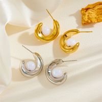 1 Pair Elegant Simple Style C Shape Plating Inlay Stainless Steel Artificial Pearls 18K Gold Plated Ear Studs main image 4