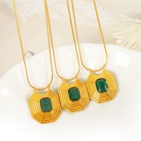 Vintage Style Square Stripe Titanium Steel Plating Inlay Glass Stone 18k Gold Plated Pendant Necklace main image 4