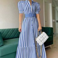 Women's Swing Dress Elegant Turndown Short Sleeve Stripe Solid Color Maxi Long Dress Daily main image 1