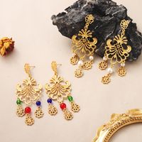 1 Pair Vintage Style Geometric Color Block Plating Hollow Out Inlay Copper Crystal Beads Pearl 18k Middle Ancient Gold Drop Earrings main image 1