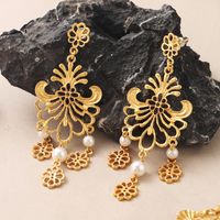 1 Pair Vintage Style Geometric Color Block Plating Hollow Out Inlay Copper Crystal Beads Pearl 18k Middle Ancient Gold Drop Earrings main image 3