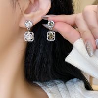 1 Pair Glam Shiny Round Square Plating Inlay Alloy Artificial Rhinestones White Gold Plated Drop Earrings main image 1