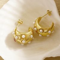 1 Pair Elegant Vintage Style Geometric Plating Inlay 304 Stainless Steel Artificial Pearls Rhinestones 18K Gold Plated Ear Studs main image 3