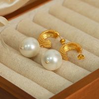 1 Pair Glam Retro British Style C Shape Round Plating Chain Carving Imitation Pearl Titanium Steel 18k Gold Plated Drop Earrings main image 8