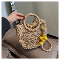 Women's Medium Straw Color Block Vintage Style Classic Style Oval String Straw Bag sku image 1