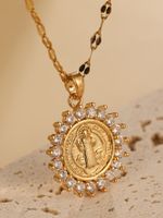 Elegant Virgin Mary Oval Stainless Steel Plating Inlay Zircon 18k Gold Plated Pendant Necklace main image 3