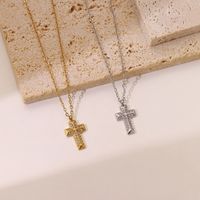 Casual Punk Simple Style Cross Stainless Steel Plating Inlay Carving Zircon White Gold Plated Gold Plated Pendant Necklace main image 5