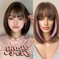Women's Sweet Brown Pink Casual Stage Chemical Fiber Bangs Short Straight Hair Wig Net main image 2