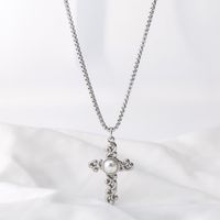 304 Stainless Steel Elegant Plating Inlay Cross Artificial Pearls Pendant Necklace main image 7