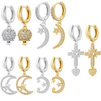 1 Pair Ig Style Cross Moon Bell Plating Inlay Copper Zircon Hoop Earrings main image 1