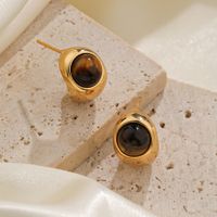 1 Pair Vintage Style Round Plating Inlay Copper Turquoise Tiger Eye Shell Ear Studs main image 5