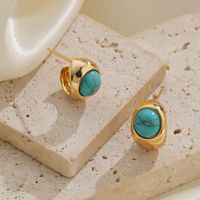 1 Pair Vintage Style Round Plating Inlay Copper Turquoise Tiger Eye Shell Ear Studs main image 4