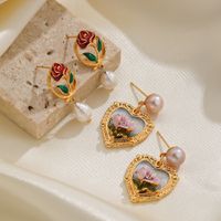Freshwater Pearl Copper Elegant British Style Heart Shape Rose Enamel Plating Inlay Freshwater Pearl Drop Earrings main image 3
