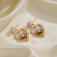 Freshwater Pearl Copper Elegant British Style Heart Shape Rose Enamel Plating Inlay Freshwater Pearl Drop Earrings main image 4