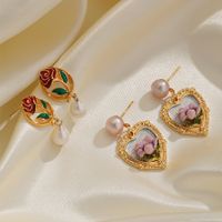 Freshwater Pearl Copper Elegant British Style Heart Shape Rose Enamel Plating Inlay Freshwater Pearl Drop Earrings main image 1