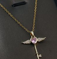 Simple Style Heart Shape Wings Key Titanium Steel Copper Plating Inlay Zircon Pendant Necklace main image 4