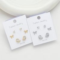 1 Set Simple Style Round Heart Shape Bow Knot Plating Inlay Copper Zircon Ear Studs main image 1