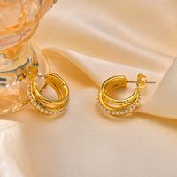 1 Pair Retro C Shape Plating Inlay Brass Artificial Pearls Gold Plated Ear Studs main image 1