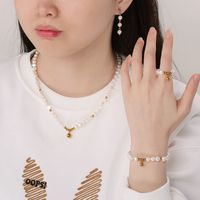 Elegant Simple Style Round 18K Gold Plated Freshwater Pearl Titanium Steel Wholesale Bracelets Earrings Necklace main image 10