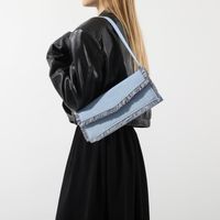 Women's Denim Solid Color Classic Style Streetwear Tassel Sewing Thread Flip Cover Shoulder Bag sku image 3