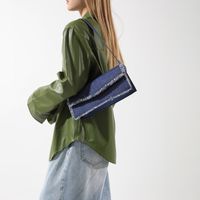 Women's Denim Solid Color Classic Style Streetwear Tassel Sewing Thread Flip Cover Shoulder Bag sku image 1